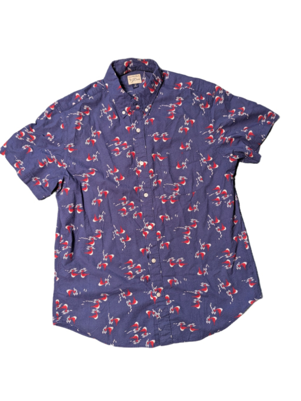 J.Crew Men's Navy Swordfish Print Seersucker Short-Sleeve Button-Down Shirt M